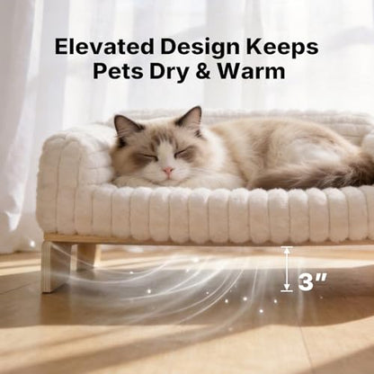 Veehoo Elevated Cat Bed Indoor, Wood Furniture Style Cat Couch Sofa with Removable Washable Cover, Cute & Fluffy Small Cats Bed Furniture for Home