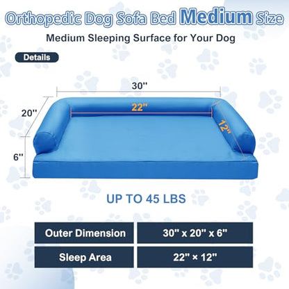 Chew Proof Dog Bed - Orthopedic Memory Foam Dog Bed, Waterproof Washable Cover with Non-Slip Bottom & Indestructible Pet Sofa for Medium Large Dogs, 30" x 20" Blue
