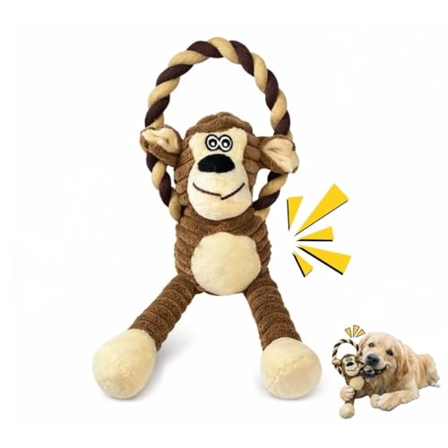 Durable Monkey Dog Toy, Plush Squeaky Stuffed Dog Toy with Rope, Interactive Chew Toy for Teething Puppies and Small, Medium & Large Dogs - color: Brown Monkey
