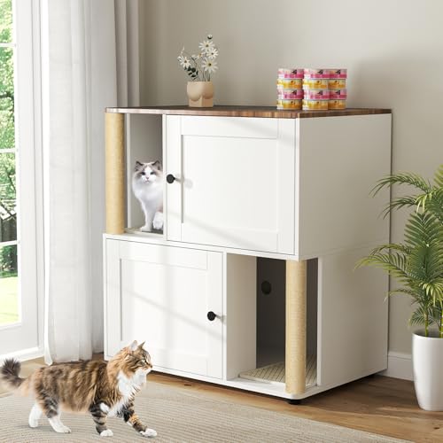 Yafylly Double Litter Box Enclosure for 2 Cats, 2-Tier Cat Litter Box Furniture with Scratching Posts & Litter Mat, Hidden Cat Litter Cabinet, Space Saving Vertical Design, Fits Most Litter Boxes - style: Stacked Design