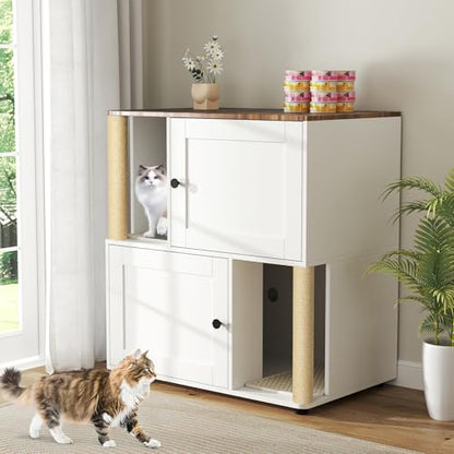 Yafylly Double Litter Box Enclosure for 2 Cats, 2-Tier Cat Litter Box Furniture with Scratching Posts & Litter Mat, Hidden Cat Litter Cabinet, Space Saving Vertical Design, Fits Most Litter Boxes - style: Stacked Design