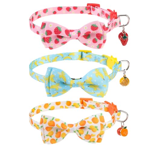 Breakaway Cat Collar with Removable Bow Tie and Bell, Cute Multi-Style Patterns, 3 Pack Safety Buckle Kitten Collars, Adjustable Pet Collar for Cats Puppy (Style B - Fruit) - color: Style B - Fruit