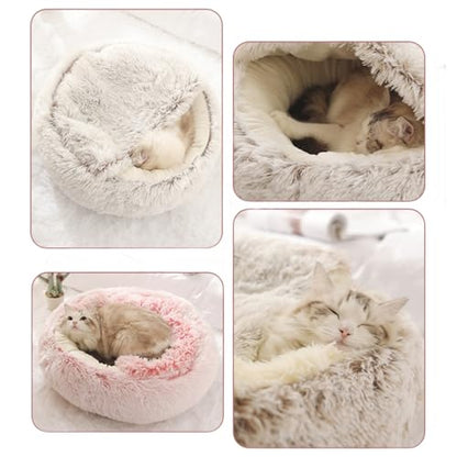 Calming Cat Cave Bed with Hooded Cover, Short-Haired Plush Washable Bed with Non-Slip Bottom, Comfortable and Cozy Round Bed for Small and Medium Cats, Anti-Anxiety Pet Bed(40cm/15.7inches, Gray)