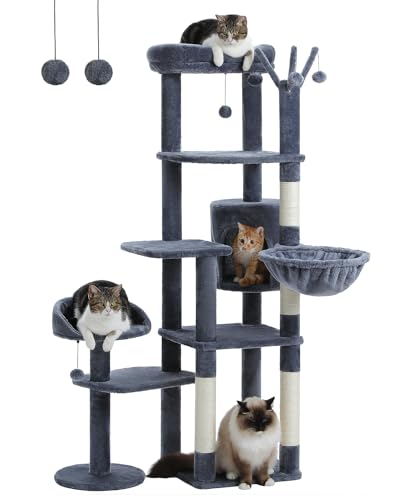 MUTTROS 59" Cat Tree, Cat Tower for Large Cats, Multi-Level Cat Tower with 3 Removable Pompom Sticks, Cat Tree for Indoor Cats, Cat Condo with Large Hammock, Scratching Post, and 2 Perches, Dark Gray - color: Dark Gray, size: 59"