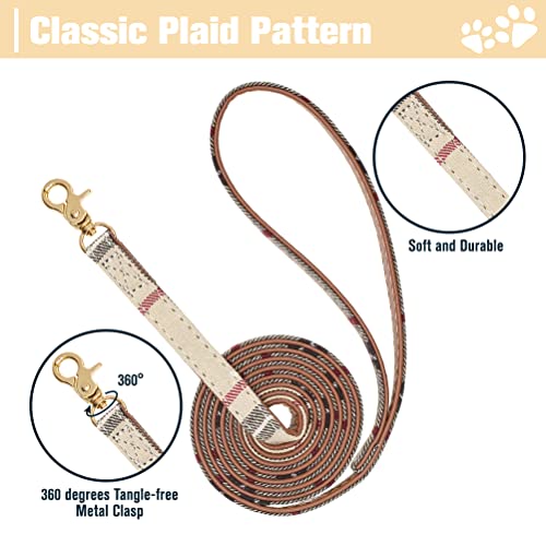 EXPAWLORER Dog Collar and Leash Set - Plaid Dog Collar with Pawprints and Bow Tie, Cat-Friendly, Beige S-M - color: Beige, size: S-M