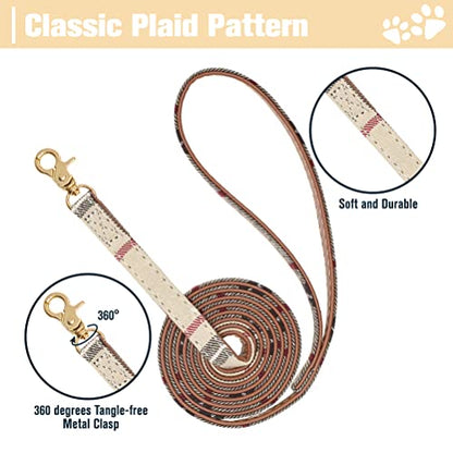 EXPAWLORER Dog Collar and Leash Set - Plaid Dog Collar with Pawprints and Bow Tie, Cat-Friendly, Beige S-M - color: Beige, size: S-M
