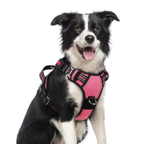 rabbitgoo Dog Harness Medium Sized, No Pull Dog Vest with 3 Buckles, Adjustable Soft Padded Pet Harness with Easy Control Handle and Reflective Strips, Pink, M - color: Pink, size: Medium