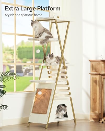 FourFurPets 72.4" Cat Tree, Modern Cat Tower for Indoor Cats, Multi-Level Cat Condo with Caves, Tall Cat Tree with Cat Scratching Board, Wooden Cat Tower with Large Perch, Removable Pads, White - color: White