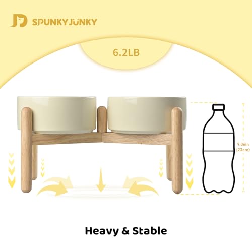 SPUNKYJUNKY Ceramics Elevated Dog Bowls with Wooden Stand - Raised Double 60OZ Cream White Bowls for Medium Large Dogs - color: Cream White (Double Bowls Set), size: Large - 7.6 CUPS