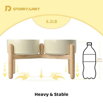 SPUNKYJUNKY Ceramics Elevated Dog Bowls with Wooden Stand - Raised Double 60OZ Cream White Bowls for Medium Large Dogs - color: Cream White (Double Bowls Set), size: Large - 7.6 CUPS