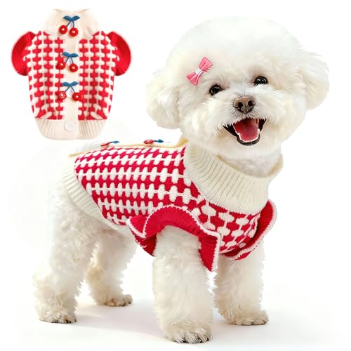 BAEJMJK Cute Cherry Small Dog Sweater Soft Girl Dog Cardigan Clothes Turtleneck Warm Pet Puppy Knitted Pullover Princess Dogs Cats Outfits(Red Cherry B,Medium) - color: Red Cherry B, size: Medium