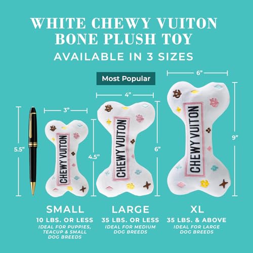 Haute Diggity Dog Chewy Vuiton Bone Plush Squeaky Dog Toy, Soft Durable Designer-Inspired Stuffed Puppy Chew Toys for Small & Medium Dogs, Machine-Washable (White) Large - color: White Bone, size: Large