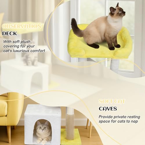 Outvita Cat Tree 27.5in Small Cat Tower, Multi-Level Cat Tree Tower with Cat Scratching Post and Pad, Cozy Cat Condo, Padded Top Bed for Kittens and Indoor Cats, Yellow & White - size: 27.5" Yellow & White