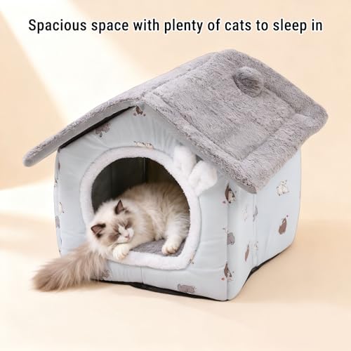 Pssopp Kitten House Bed, Fully Removable and Washable 4 Seasons Universal Secure and Cozy Enclosured Environment Detachable Soft Cat Tent Bed for Indoor Use (Gray)