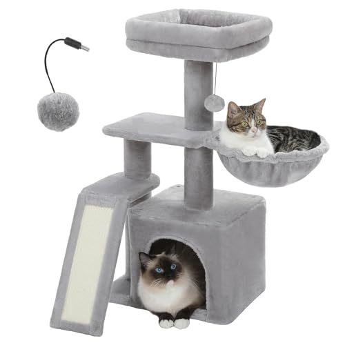 PETEPELA Small Cat Tree for Indoor Cats, 32'' Cute Cat Tower Cat Condo with Sisal Scratching Ramp, Cozy Hammock and Removable Top Bed Perch for Kittens, Grey - color: Grey, size: Scratching Tree