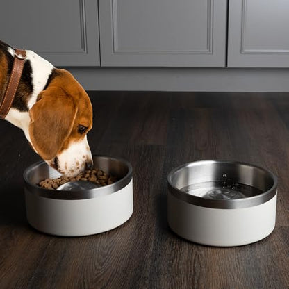 Set of 2 Stainless Steel Slow Feeder Dog Bowls - 60oz/7.5 Cups Double Wall Insulated Food and Water Bowls for Dogs - Non Slip Metal Pet Dishes for Medium to Large Sized Pets by PETMAKER (Cream) - size: 60oz