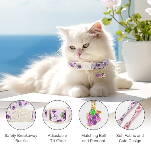2 Pack Summer Cat Collars - Lavender GRAP & Pink Watermelon Breakaway Safety Cat Collars, Adjustable Soft Boy Girl Kitten Collar for Small Dogs Puppy, Cute Pet Collar with Bell & Pendant - color: Grap&Watermelon