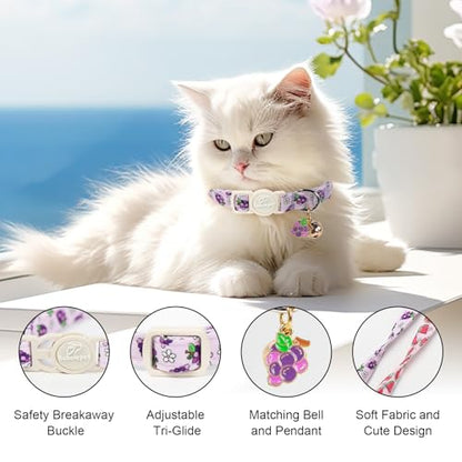 2 Pack Summer Cat Collars - Lavender GRAP & Pink Watermelon Breakaway Safety Cat Collars, Adjustable Soft Boy Girl Kitten Collar for Small Dogs Puppy, Cute Pet Collar with Bell & Pendant - color: Grap&Watermelon