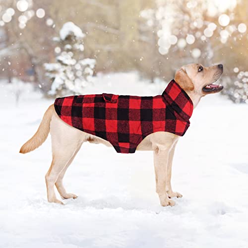 Classic Plaid Fleece Dog Coat Jacket with Pocket, Windproof Warm Dog Coat Vest Winter Pet Clothes Apparel for Small Medium Large Dogs (Red, XX-Large) - color: Red, size: XX-Large