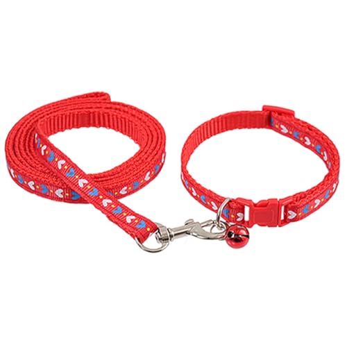 Red Puppy Collar with Bell Leash Set,Adjustable Buckle Heart Print Nylon Dog Collars for Xs XSmall Small Puppy Dogs Cat Kitten X-Small，Neck 7.5-12.5 Inch - color: Red 2