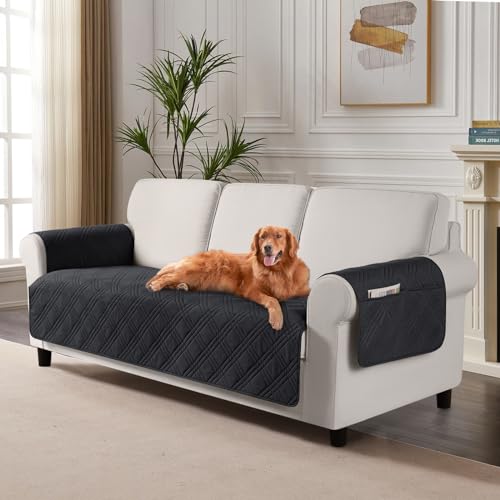TAOCOCO Waterproof Couch Covers for Pets Dogs with Non Slip Backing, Sofa Seat Covers with Side Pocket for 3 Cushion Couch Washable Dog Couch Cover Protector Sofa Slipcovers(Sofa Plus, Black) - color: Black, size: Sofa Plus(Seat Width: 72.4'')