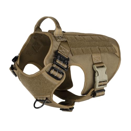 ICEFANG Tactical Dog Harness, Large Size,2X Metal Buckle,Working Dog MOLLE Vest with Handle,No Pulling Front Leash Clip,Hook and Loop Panel (Brown,L (Pack of 1)) - color: Brown, size: Large (Pack of 1)
