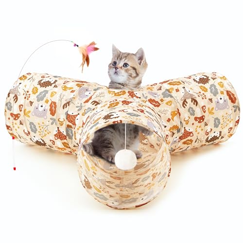 Tempcore Pet Cat Tunnel Tube Cat Toys 3 Way Collapsible, Cat Tunnels for Indoor Cats，Kitty Tunnel Bored Pet Toys Peek Hole Toy Ball Puppy, Kitty, Kitten, Rabbit Beige Deer - color: 3-Way Beige Deer, size: 3-way
