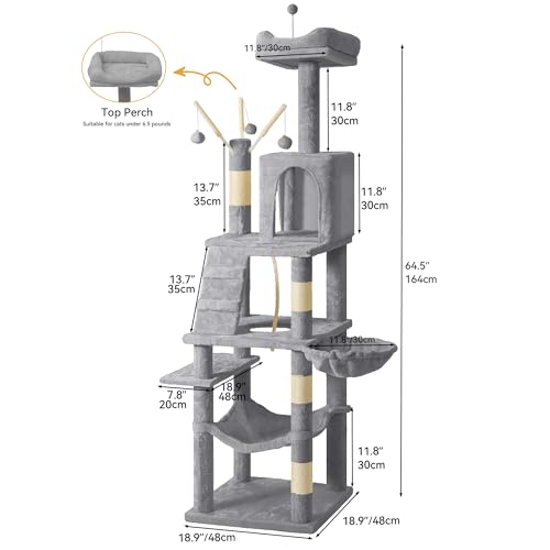 YITAHOME 64.5" Cat Tree, Multi-Level Cat House, Large Cat Condo Furniture with Perch Hammock, Scratching Posts and Dangling Balls for Kittens, Cats and Pets, Light Gray - color: Light Gray, size: 64.5inch