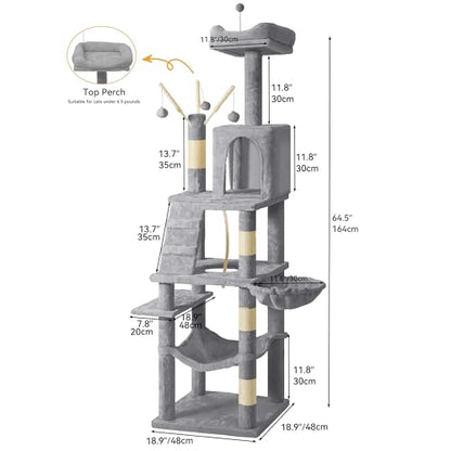 YITAHOME 64.5" Cat Tree, Multi-Level Cat House, Large Cat Condo Furniture with Perch Hammock, Scratching Posts and Dangling Balls for Kittens, Cats and Pets, Light Gray - color: Light Gray, size: 64.5inch