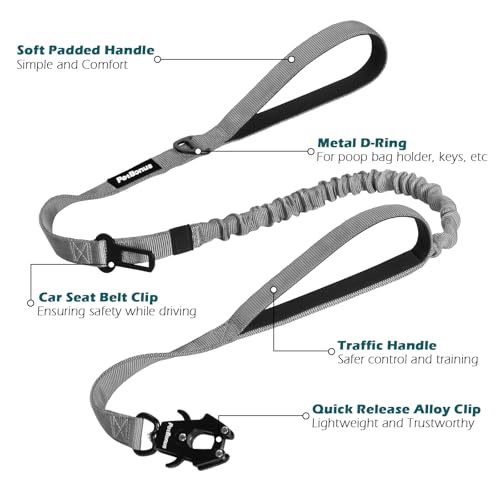 Heavy Duty Tactical Dog Leash, 5 FT Bungee Shock Absorption Leash with 2 Padded Handles, Quick Release Metal Clip, Car Seatbelt, No Pull Training Lead for Large Medium Dogs（Grey） - color: Grey