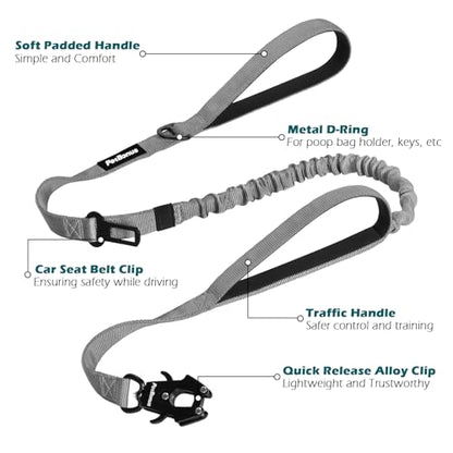 Heavy Duty Tactical Dog Leash, 5 FT Bungee Shock Absorption Leash with 2 Padded Handles, Quick Release Metal Clip, Car Seatbelt, No Pull Training Lead for Large Medium Dogs（Grey） - color: Grey