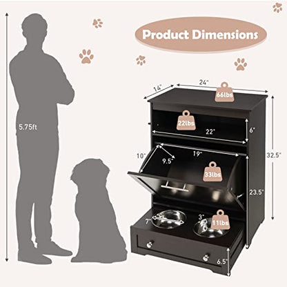 Dog Food Cabinet Feeding Station with 2 Raised Bowls, Pull Out Elevated Dog Bowl, Storage, 3 Hangers, Pet Feeder Toy Leashes Organizer, Brown - color: Brown