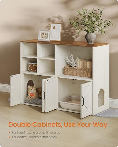 Feandrea Litter Box Enclosure for 2 Cats, Hidden Litter Box Furniture with Storage Cabinet, Double Room, Farmhouse Indoor Cat House Washroom, Honey Brown and Rustic White UPCL032WJ03 - color: Honey Brown + Rustic White, style: Farmhouse