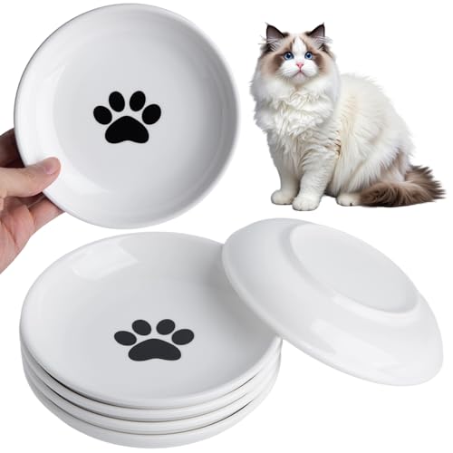 Cat Food Bowl Set of 6, Ceramic Cat Bowls, Anti Whisker Fatigue Cats Bowl Set,5.9 Inches Shallow Wide Kitten Plates for Wet/Dry Food, Indoor Pets (Paw) - color: Cat Paw