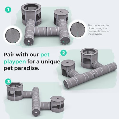 PETOCAT Cat Tunnel 4 Way with Teaser Wand & 2 Plush Ball, 5 Shapes Available, 54/80.7" L, H-Shaped Collapsible Pet Play Tube Maze for Kitten Puppy Bunny Ferret Rabbit, Indoor/Outdoor Peekaboo Cave - color: Cat Tunnel