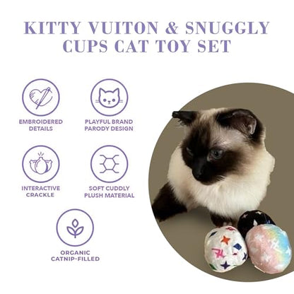 Haute Diggity Kitty Vuiton Monogram Balls + Snuggly Cups Set, Plush Cat Toys Catnip Filled with Interactive Crackle Sound, Safe & Durable Toys for Cat & Kitten, 6 Pcs - style: Kitty Vuiton Monogram Balls + Snuggly Cups