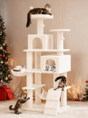 YITAHOME 190.5 cm Tall Heavy Duty Cat Trees for Large Cats, 75inch Maine Coon Tower Indoor with Scratching Post, Hammock, Cat Condo for Adult Cats,Beige - color: Beige, size: 75inch