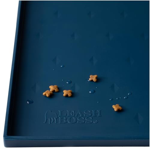 Leash Boss Dog Food Mat - Waterproof Cat & Dog Bowl Mat for Food and Water, Silicone Pet Feeding Mats for Floors, Non-Slip Placemat with High Edges, Puppy Essentials (ML: 20"x13", Navy) - color: Navy, size: ML - 20" x 13"