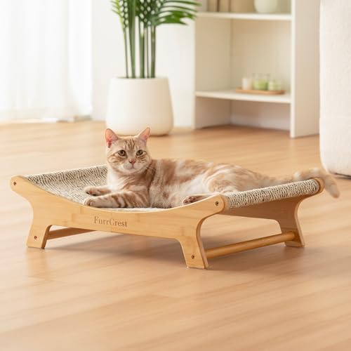 XL Sisal Cat Scratcher Bed with Elevated Hammock for Indoor Cats, Replaceable Natural Sisal Pad, Large Cat Lounge, Anti-Slip No-Wobble Bamboo Frame, Grey Chevron. - color: Grey Chevron