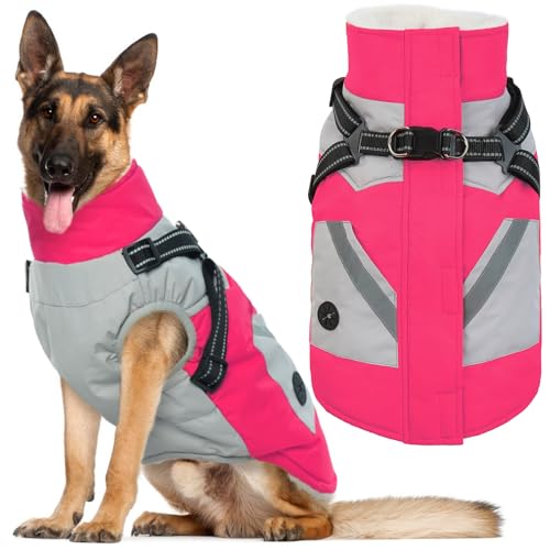 IECOii Dog Winter Coat with Harness Built in, Waterproof Windproof Dog Coats for Large Dogs, Thermal Fleece Lined Cold Weather Jackets with Zip, Outdoor Warm Snow Jacket Reflective, Rosered, XLarge - color: Rosered, size: X-Large(Chest:29.9 in)