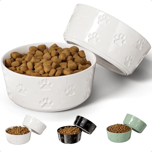 Ceramic Dog Bowl Set of 2 with Anti-Skid Base - 6.5" Wide x 2.5" Tall Ceramic Dog Bowls Medium Sized Dogs - 3.8 Cup Capacity Food and Water Bowls for Dogs - Rubber Bottom Pet Bowl Set of 2 Medium Size - color: White, size: Medium