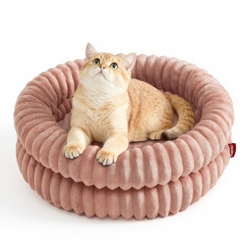 Cat Beds for Indoor Cats, Machine Washable Orthopedic Donut Dog Bed for Small Dogs, Fluffy Warm Thermal Round Pet Bed with Anti-Slip Bottom for Puppy and Kitten, Dark Pink, 20"x20"x6.5" - color: Dark Pink, size: 20”x20”x6.5”