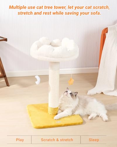 Happi N Pets 28" Tall Cat Scratching Post with Bed, Small Cat Tree for Indoor Cats, Thick Cat Scratch Post with Cloud-Shaped Soft Perch & Cute Toys, Stable Cat Stand, Removeable Cover, Bounus Catnip - size: 28" with Scratching Post