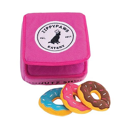 ZippyPaws Burrow- Interactive Dog & Puppy Toys for Boredom, Stimulating Pet Products to Keep Them Busy, Hide & Seek Plush Dog Puzzle, Enrichment Squeaky Toy, for Small & Medium Dogs- Donutz Box - style: Donutz Box