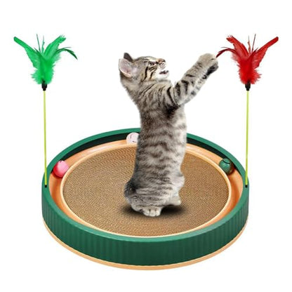 20-Inch Round Cat Scratcher Bed with Ball Track – 3-in-1 Interactive Cardboard Scratching Pad with Feather Toy & Non-Slip Base – Great for Indoor Cats, Active Kittens & Large Breeds (Green) - color: Green