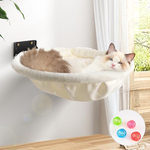 JUNSPOW Cat Hammock Wall Mounted, Foldable & Stable Cat Beds- Breathable Cats Wall Shelves for Sleeping, Playing, Climbing, and Lounging - Maximum Hold Up to 30lb（Cream,Faux Rabbit Fur） - color: Cream