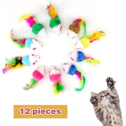 Cat Mouse Toys 12 Pcs Rattle Mice for Indoor Cats Furry Feather Fake Mouse Kitten Interactive Play Squeaky Fur Mice Cat Toy Funny Kitty Tracking Game with Rattling Sounds