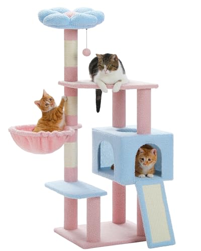 MUTTROS Flower Cat Tree 47.2" Multi-Level Cat Tower with Sisal Covered Scratching Posts, Cute Cat Condo for Indoor Small Medium Cats, Pink Top Perch, Ramp, Fluffy Ball, Blue - color: Blue, size: 47.2" Flower Cat Tree