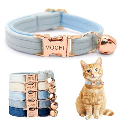 Personalized Non-Breakaway Cat Collar with Name, Luxury Soft Velvet Custom Engraved Name Collar with Bell for Kittens & Cats (Light Blue, S (6.5-10.5 inches)) - color: Light Blue, size: S (6.5-10.5 inches)