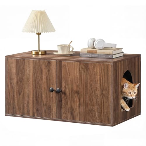 HOOBRO Cat Litter Box Enclosure, Hidden Litter Box Furniture with Side Entry, Litter Box Cabinet, Indoor Cat House, End Side Table, 31.5"L x 17.7"W x 16.3"H, for Living Room, Bathroom, Walnut WL40MW01 - color: Walnut